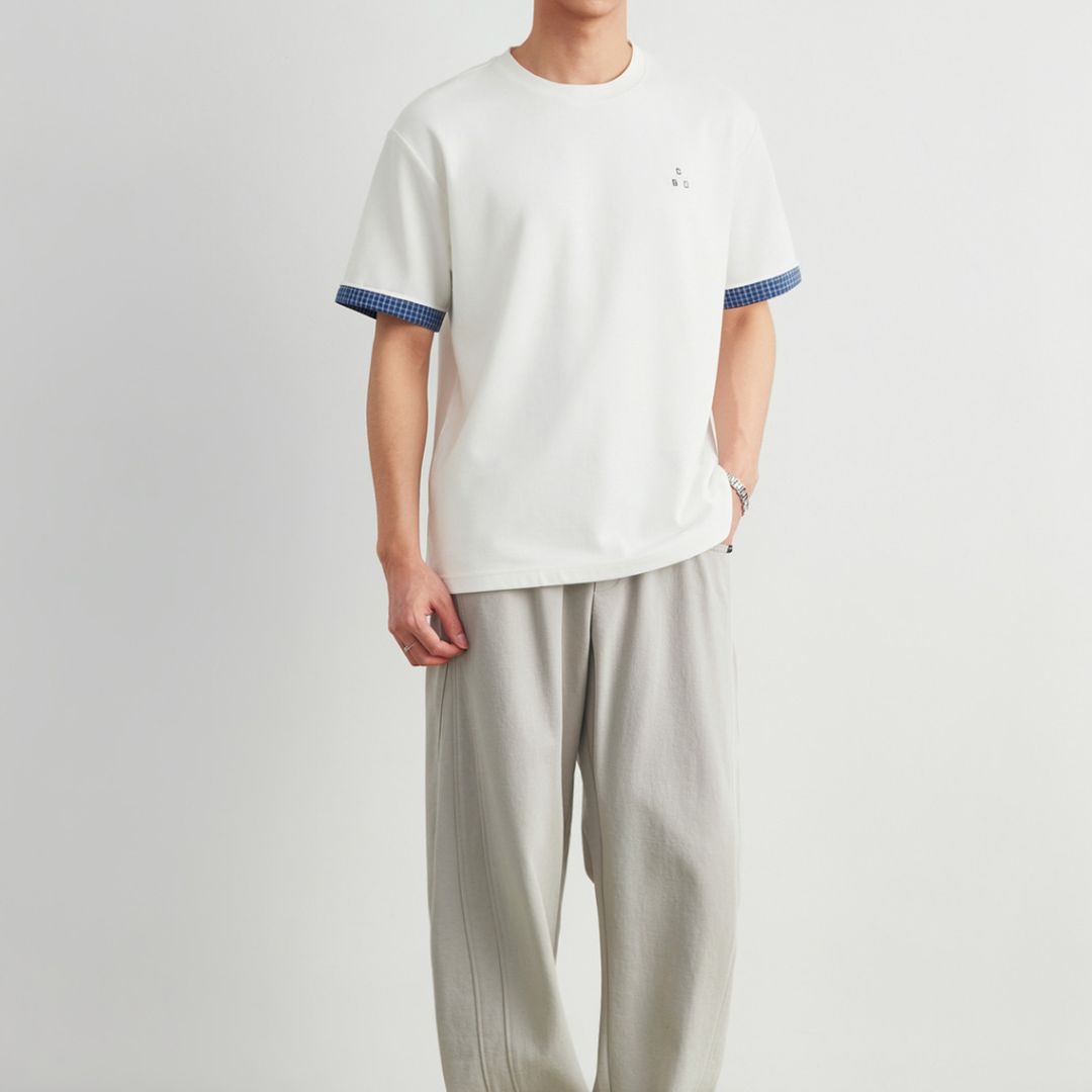 Plaid Rolled Cuff Patchwork T Shirt