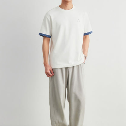 Plaid Rolled Cuff Patchwork T Shirt