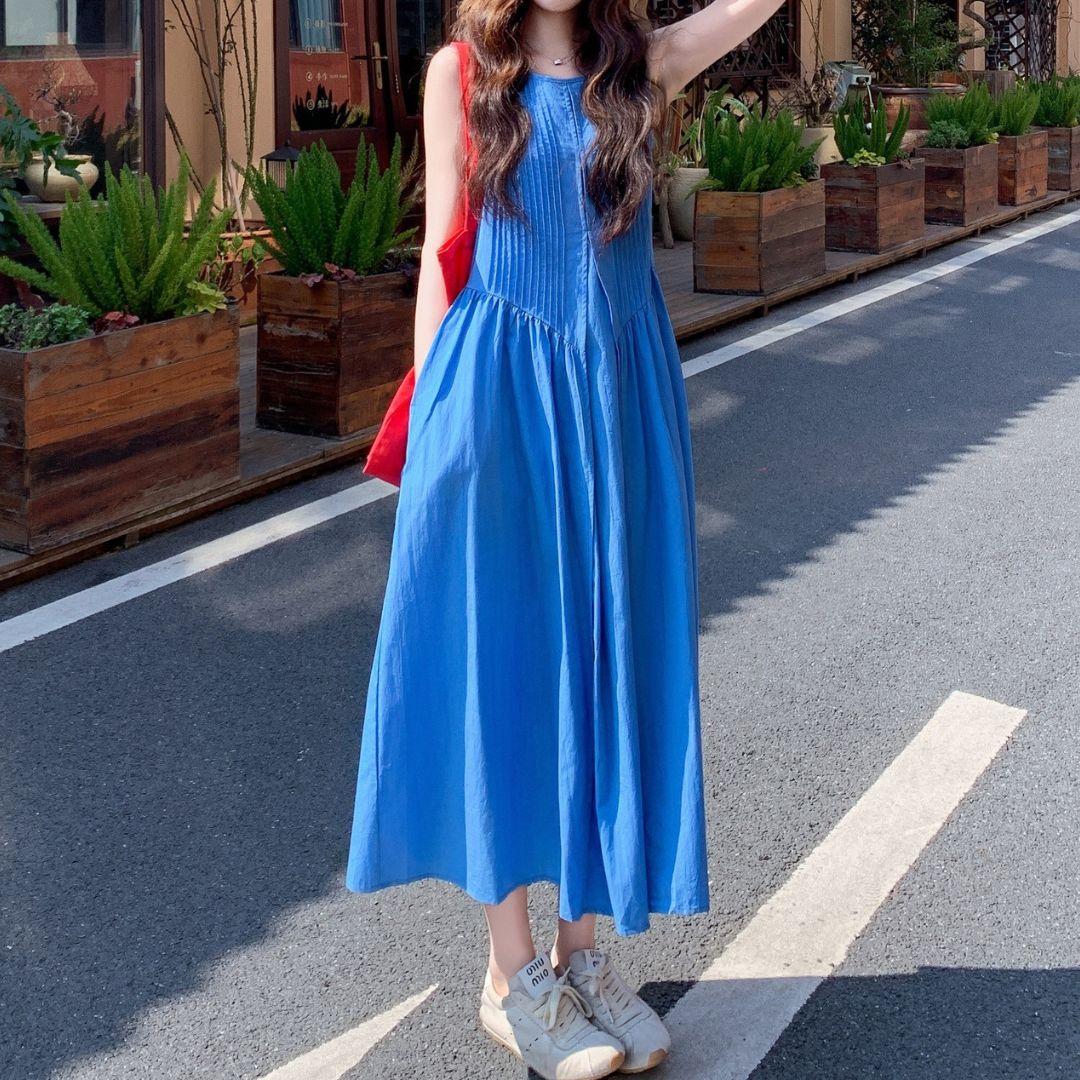 Ruched Vintage Sleeveless Midi Tank Dress