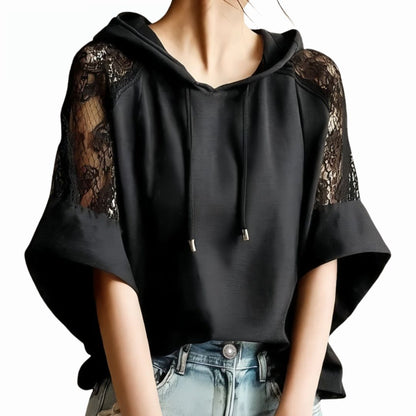 Color Block Lace Patchwork Hoodie with Flared Sleeves