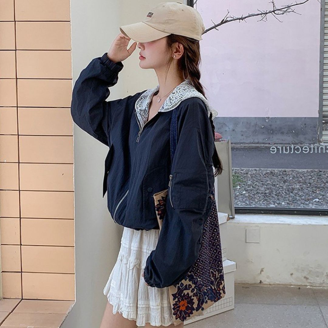 Blue Patchwork Lace Casual Fashion Jacket