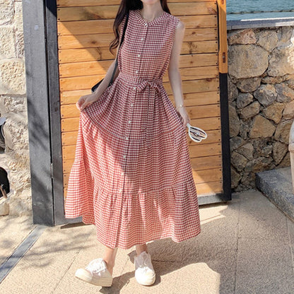 Vintage Red Plaid Sleeveless Fitted Dress
