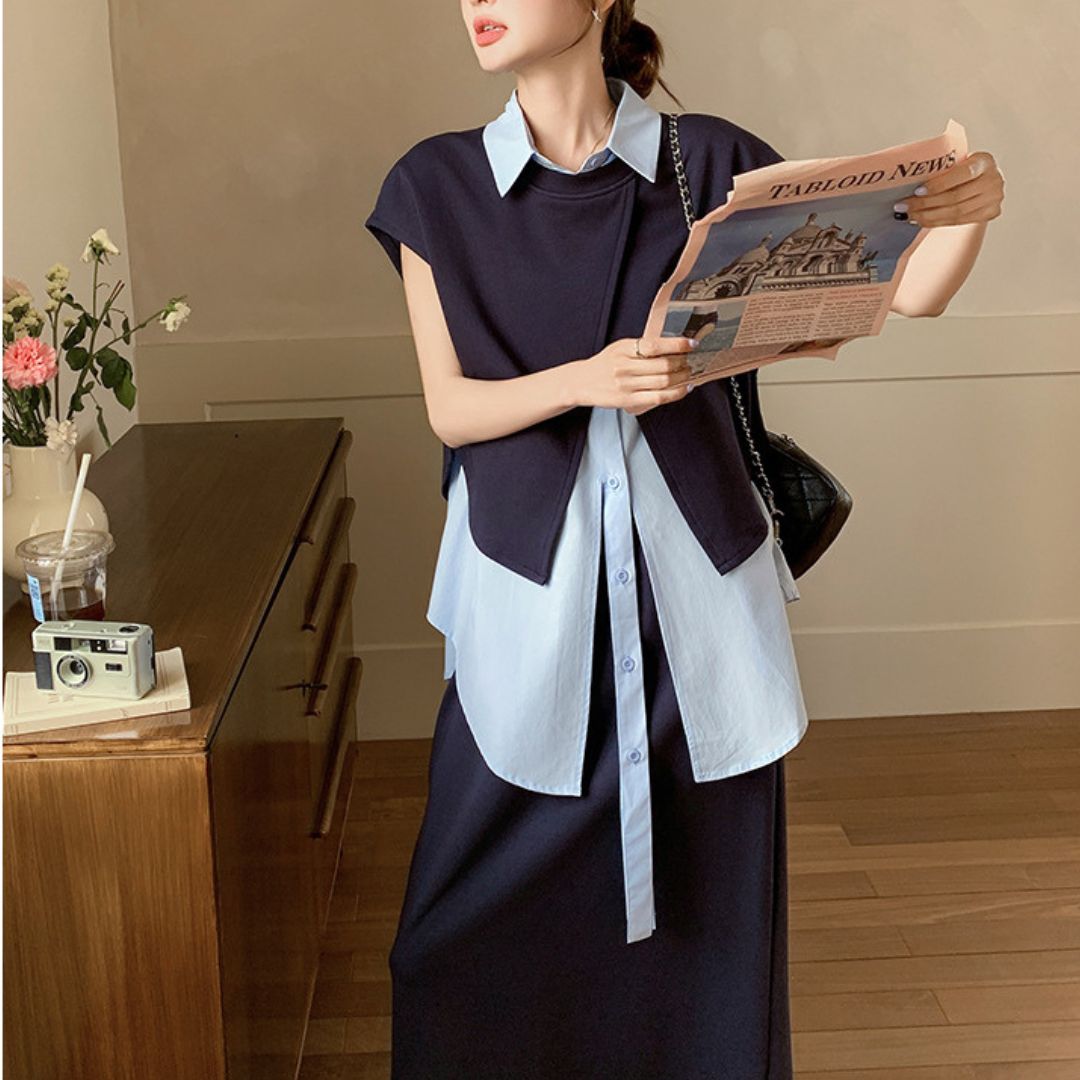 Deep Navy Irregular Shirt Set Dress