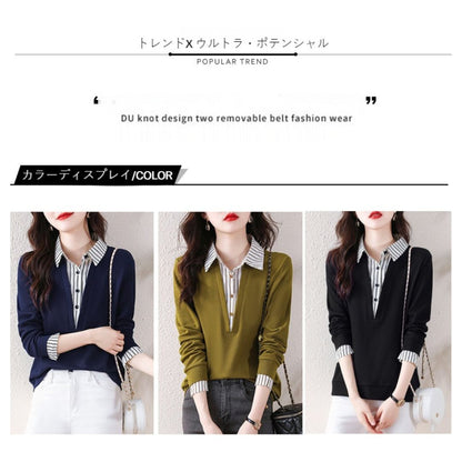 Striped Lapels Fake Two Long-sleeved Tops