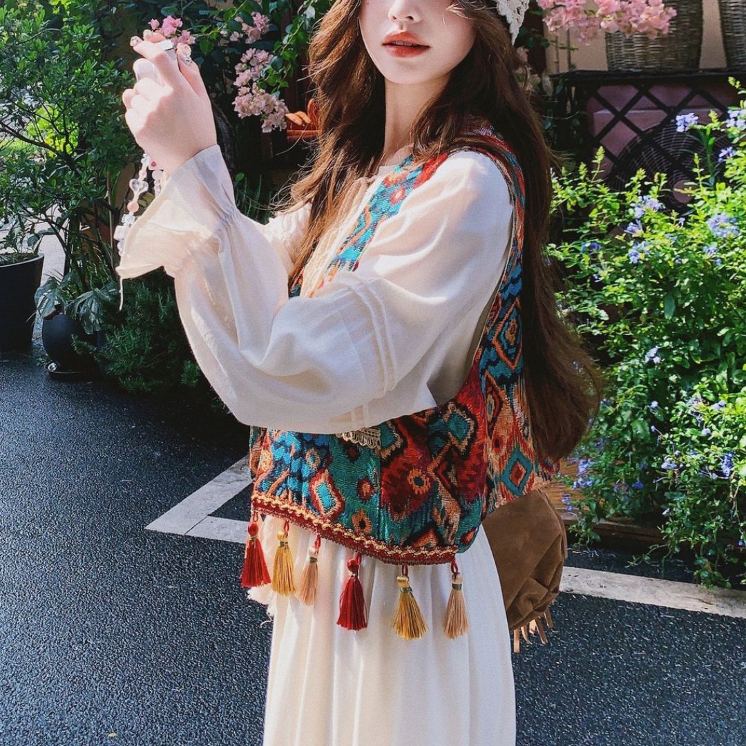 Ethnic Style Tassel Vest & Dress Two Piece Set