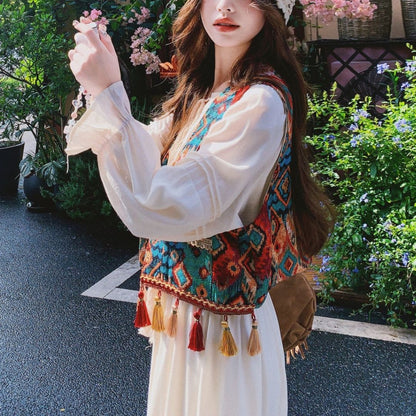 Ethnic Style Tassel Vest & Dress Two Piece Set