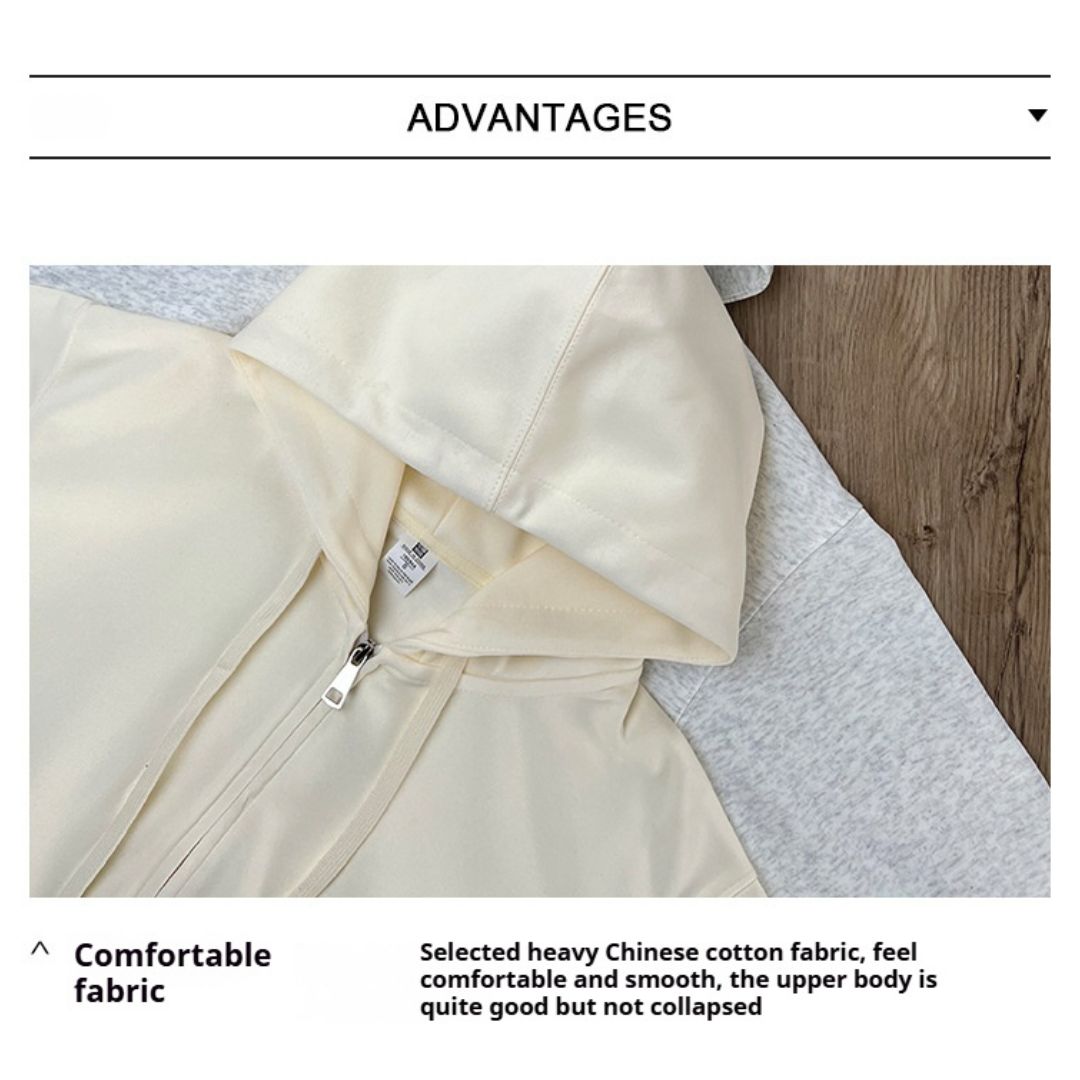 Solid Color Cotton Hooded Zip-Up Jacket