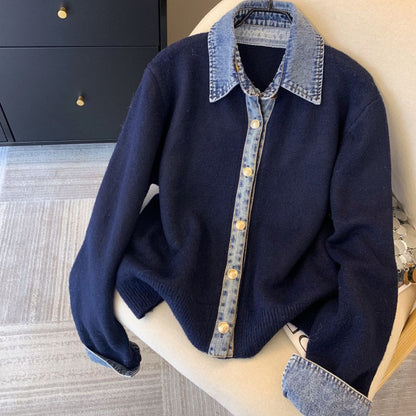 Denim Collar Patch Knit Sweater
