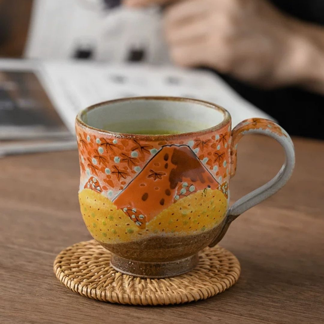 Kutani Ware Spring & Autumn Mount Fuji Pair Cups (Pair)