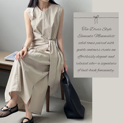 Sleeveless Long Dress with Cinched Tie-Waist Design
