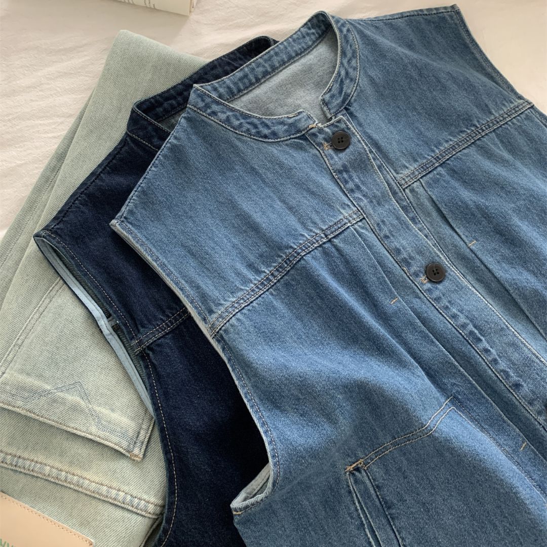 Women's Denim Sleeveless Top with Petite Mandarin Collar