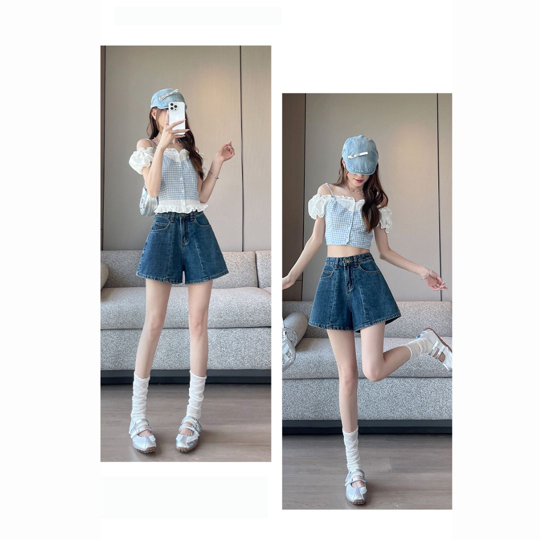 High Waist Structured Patchwork Denim Shorts