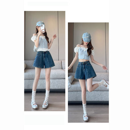 High Waist Structured Patchwork Denim Shorts