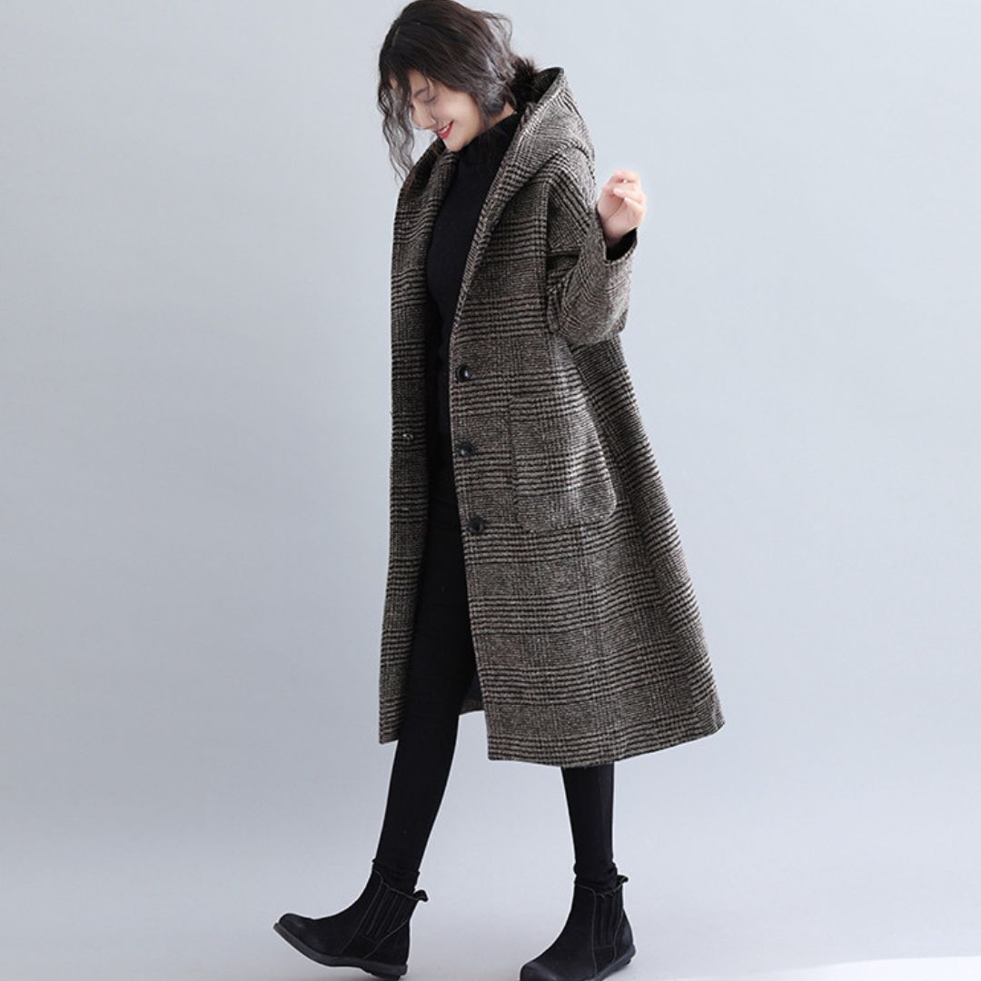 Japanese-Style Houndstooth Mid-Length Coat