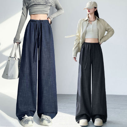 ドローストリングウエストストレートワイドレッグデニムパンツ 