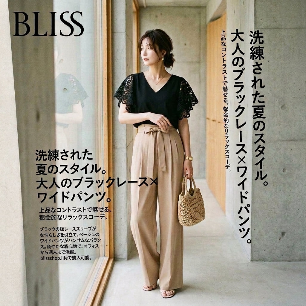 Ruffle Lace Blouse with High Waist Wide Leg 7/8 Pants Set