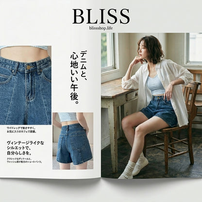 ハイウエスト切り替えデニムショートパンツ