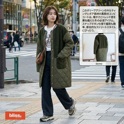 日系棉質拼接中長外套