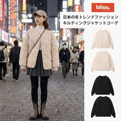 日系菱格紋圓領夾面外套