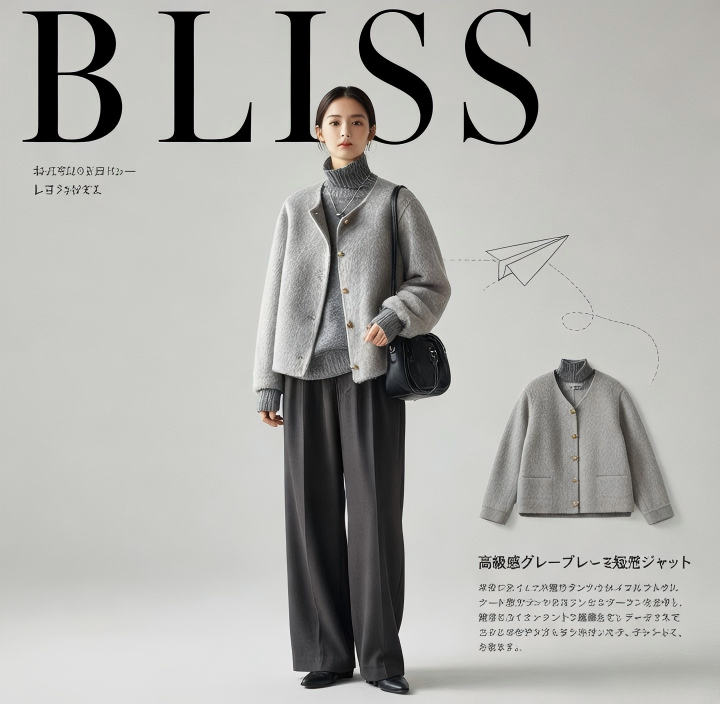 プレミアム グレー ブークレ ショート ジャケット 