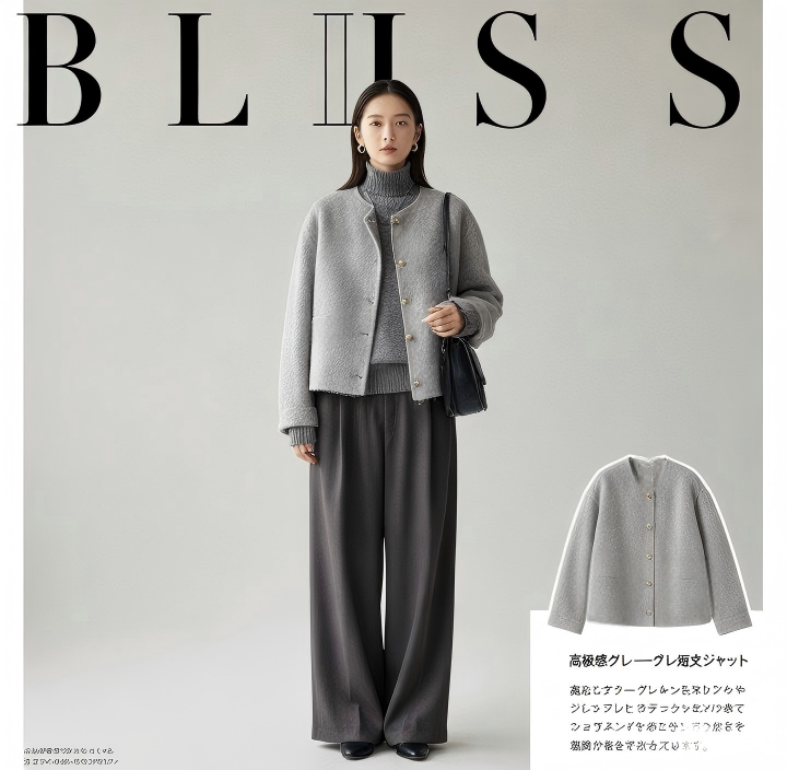 プレミアム グレー ブークレ ショート ジャケット 