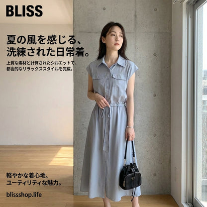 無袖中長休閒翻領連身裙