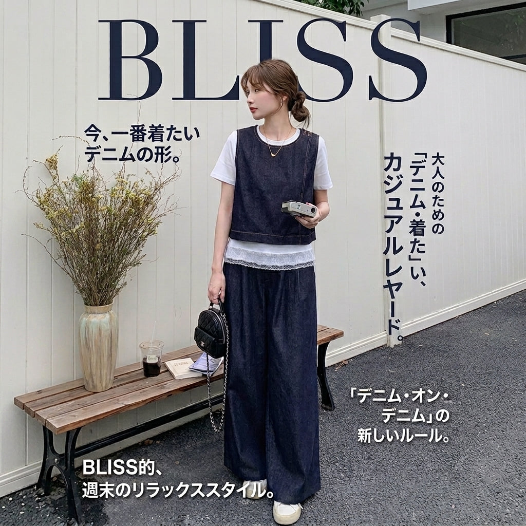 Vintage Denim Vest + T Shirt + Wide Leg Pants (Three Piece Set)