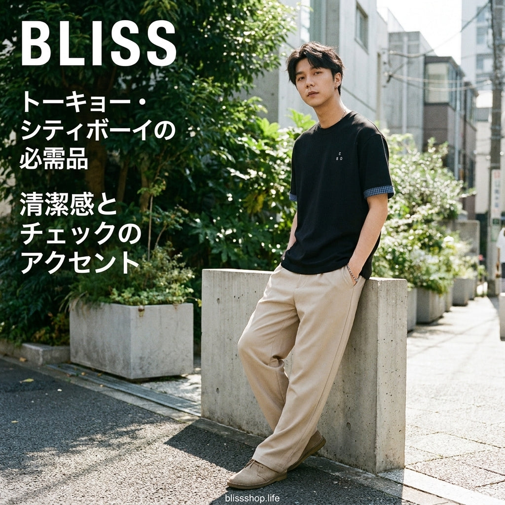 チェック柄ロールカフパッチワークTシャツ