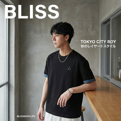 チェック柄ロールカフパッチワークTシャツ