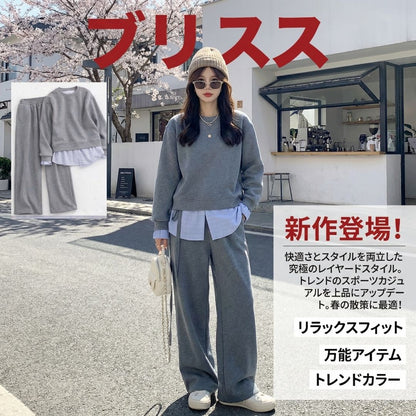 カジュアルフェイクツーピーススウェットシャツセット