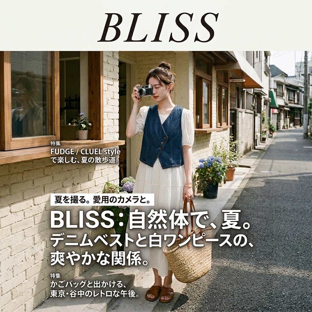 上品スタイル ホワイトパフスリーブドレスとデニムベストのツーピースセット