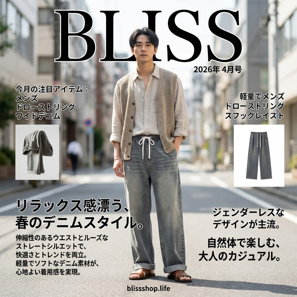 メンズ ドローストリングウエスト ストレート ワイドレッグ デニムパンツ 