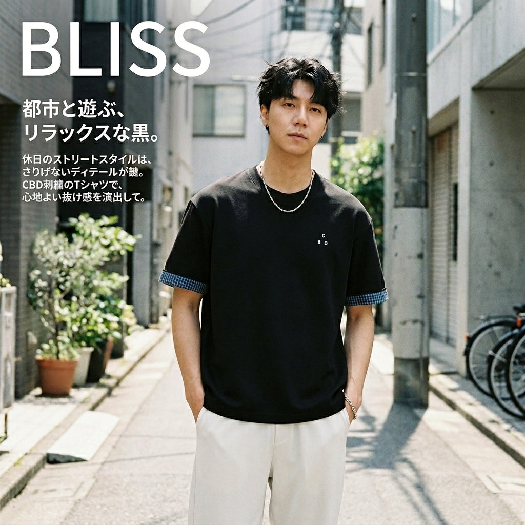 チェック柄ロールカフパッチワークTシャツ