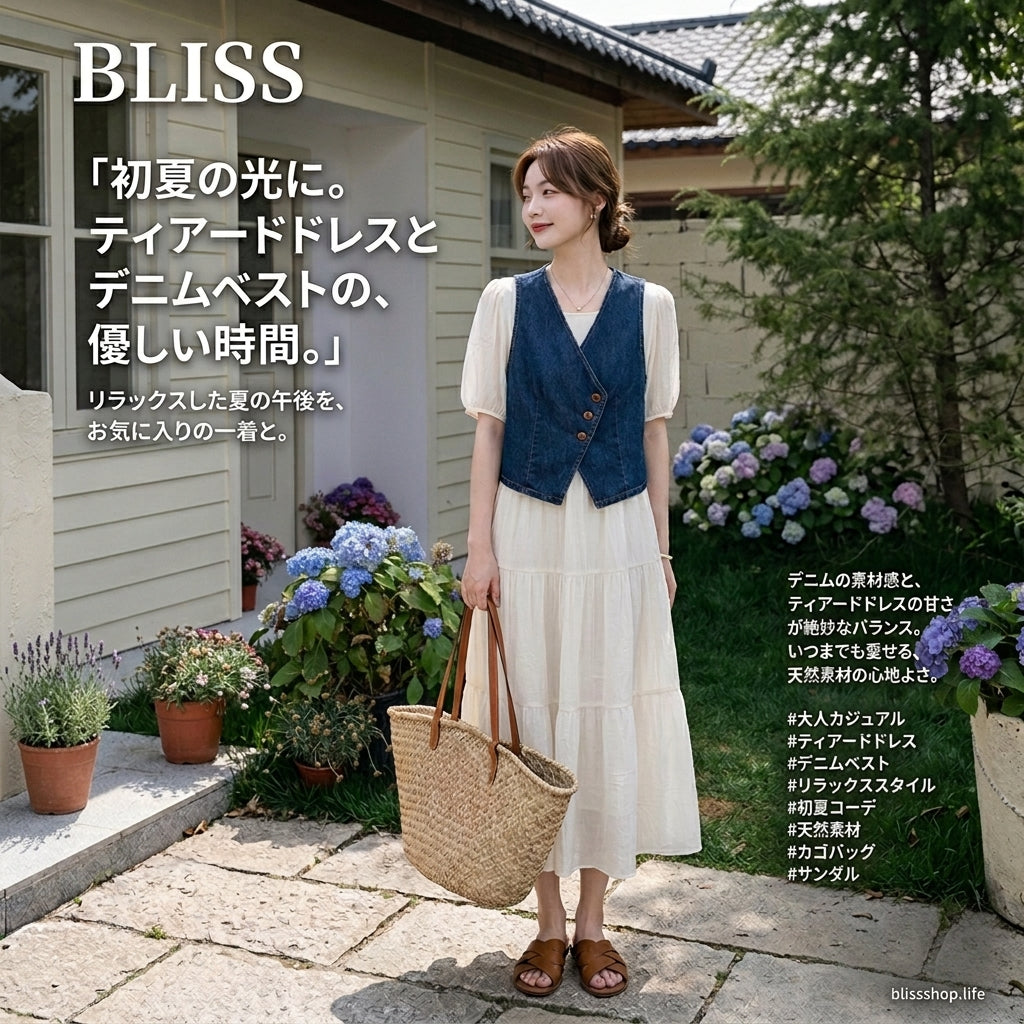 上品スタイル ホワイトパフスリーブドレスとデニムベストのツーピースセット