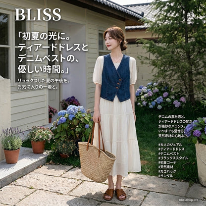 上品スタイル ホワイトパフスリーブドレスとデニムベストのツーピースセット