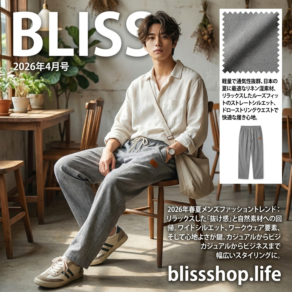 メンズ 夏用 軽量 ルーズフィット ストレートレッグ カジュアルパンツ
