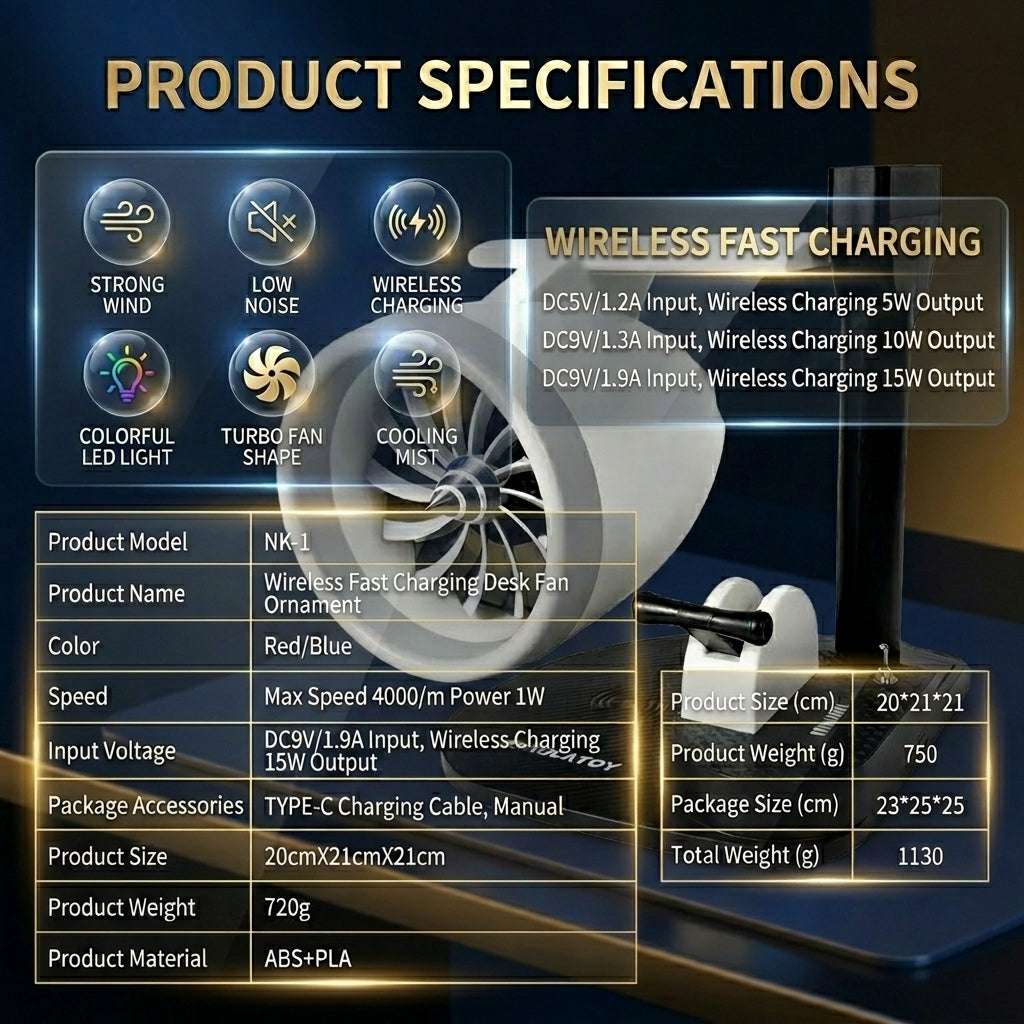 Jet Engine Turbine Desk Fan with Wireless Charging