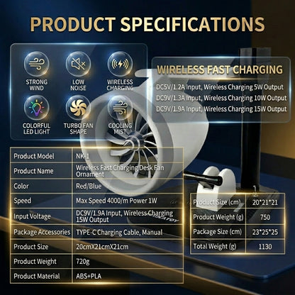 Jet Engine Turbine Desk Fan with Wireless Charging
