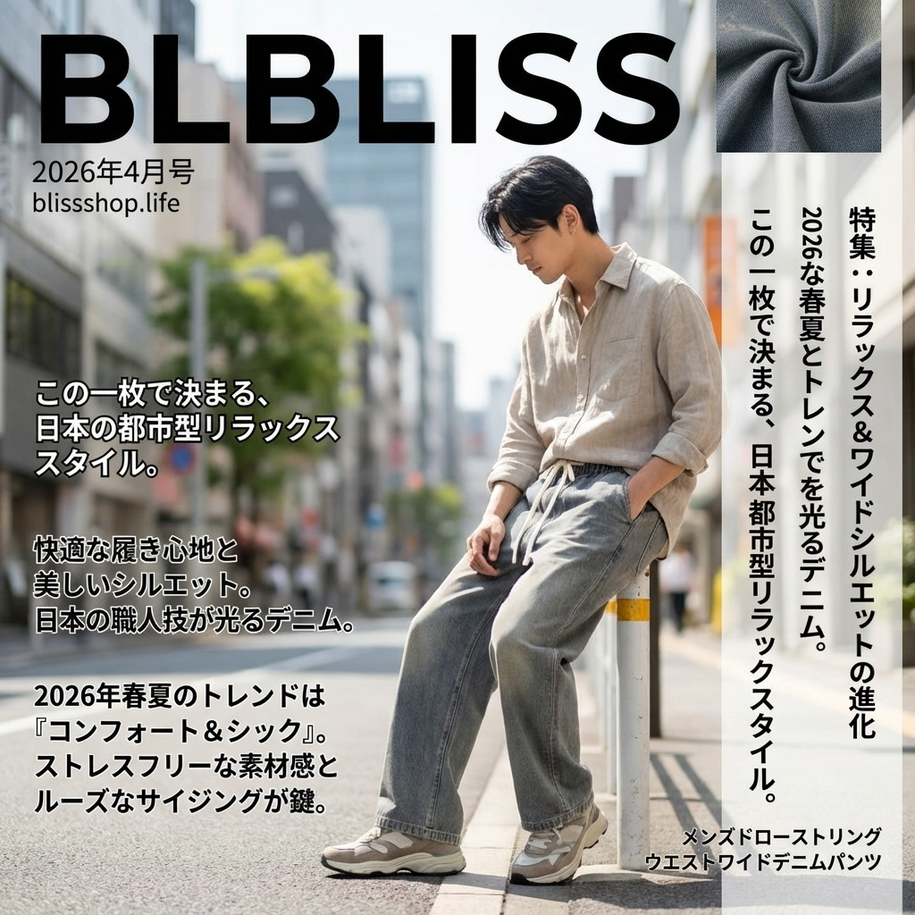 メンズ ドローストリングウエスト ストレート ワイドレッグ デニムパンツ 