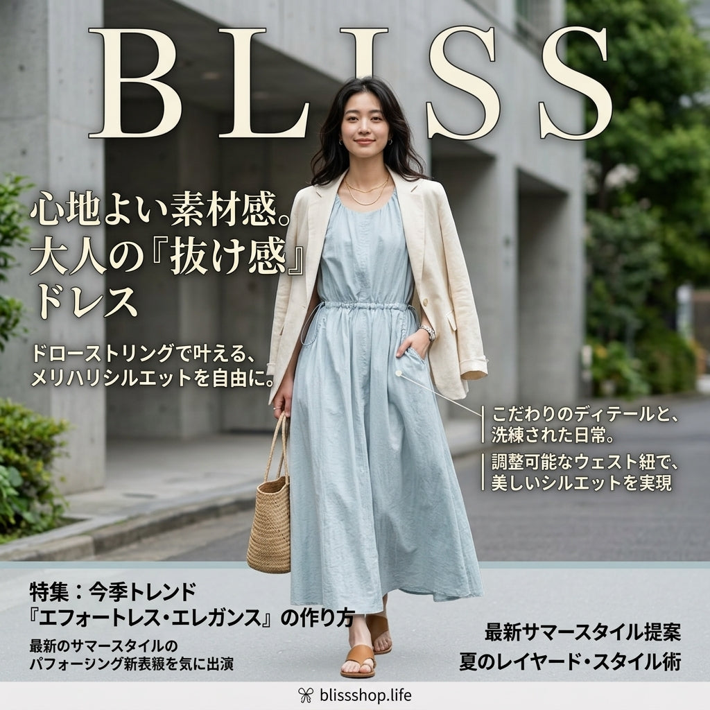 ドローストリングウエストの夏用ラウンドネックノースリーブロングドレス  