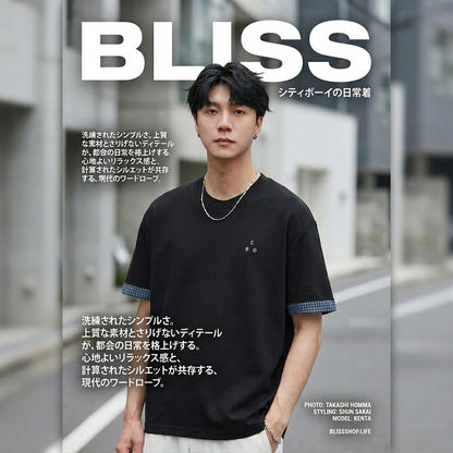チェック柄ロールカフパッチワークTシャツ