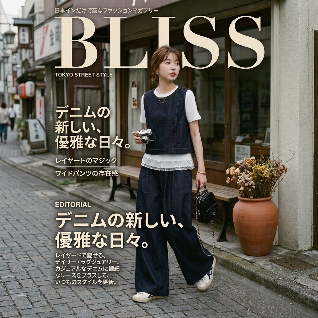 Vintage Denim Vest + T Shirt + Wide Leg Pants (Three Piece Set)