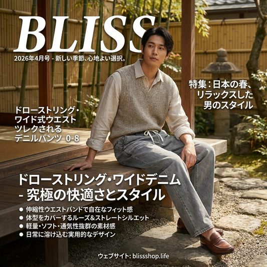 メンズ ドローストリングウエスト ストレート ワイドレッグ デニムパンツ 